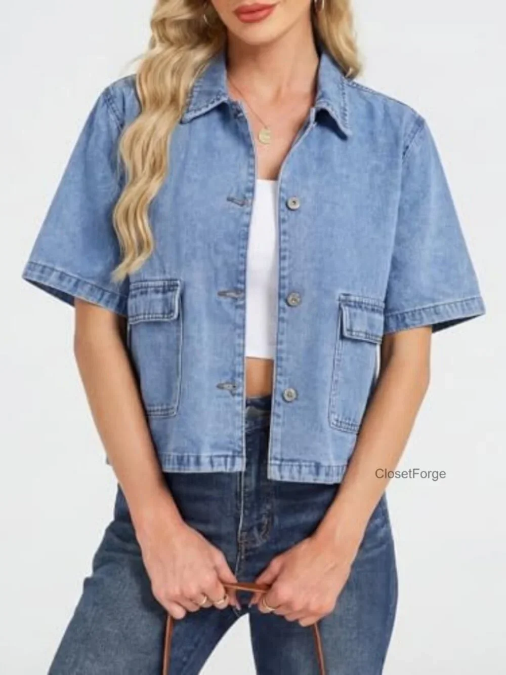 Short Sleeve Crop Denim Jacket Boxy Fit Collared Button Down With Pockets